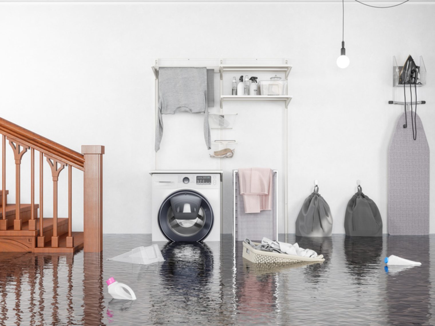 A laundry room is flooded with water, with household items floating and a washing machine against the wall, indicating water damage or a home disaster.