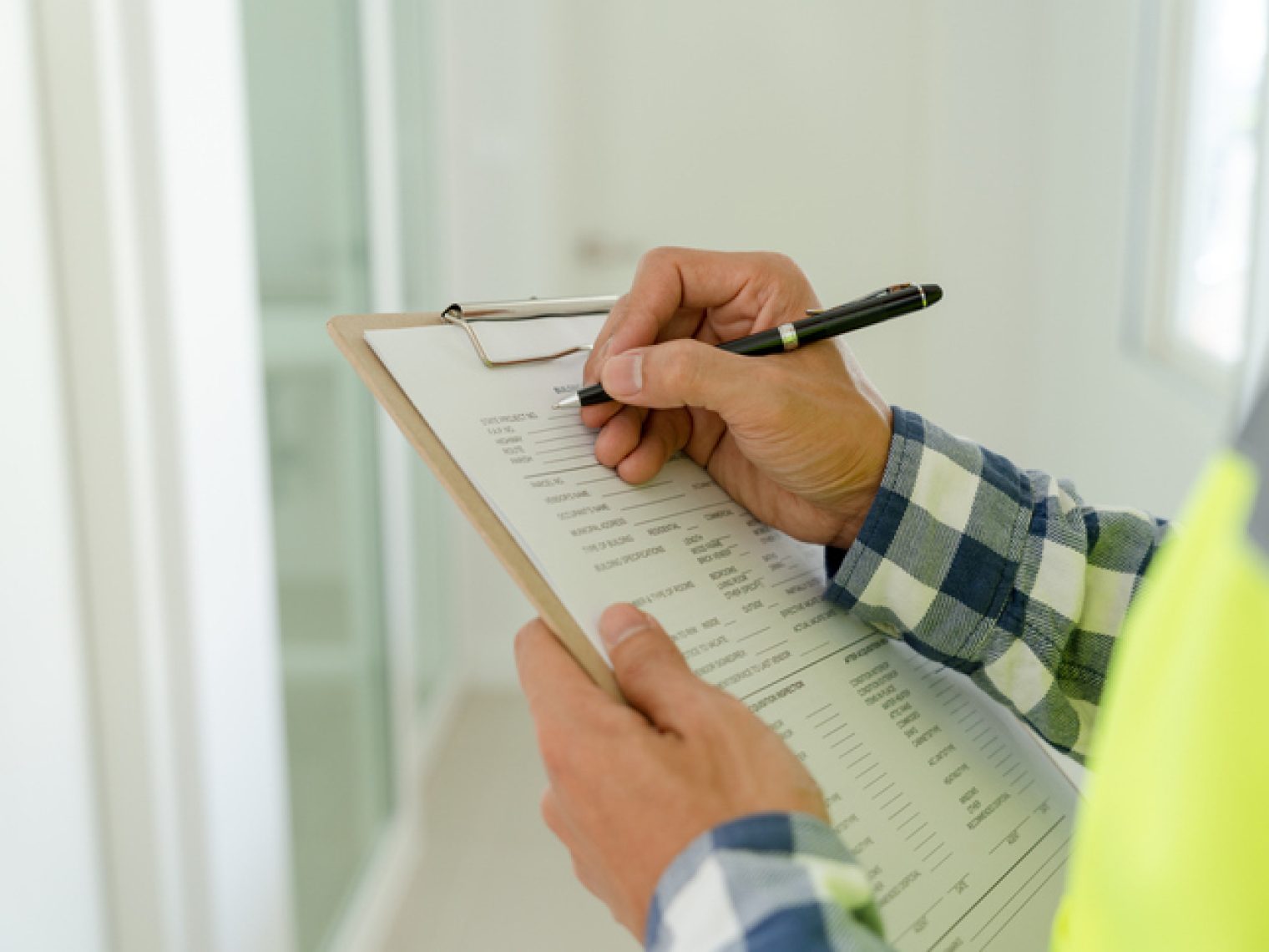 A close-up of a person in a plaid shirt and safety vest holding a pen and clipboard, checking a list during a home appraisal.