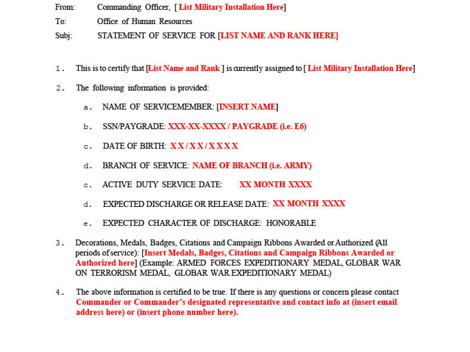 A 'Statement of Service' document from the Department of Defense.